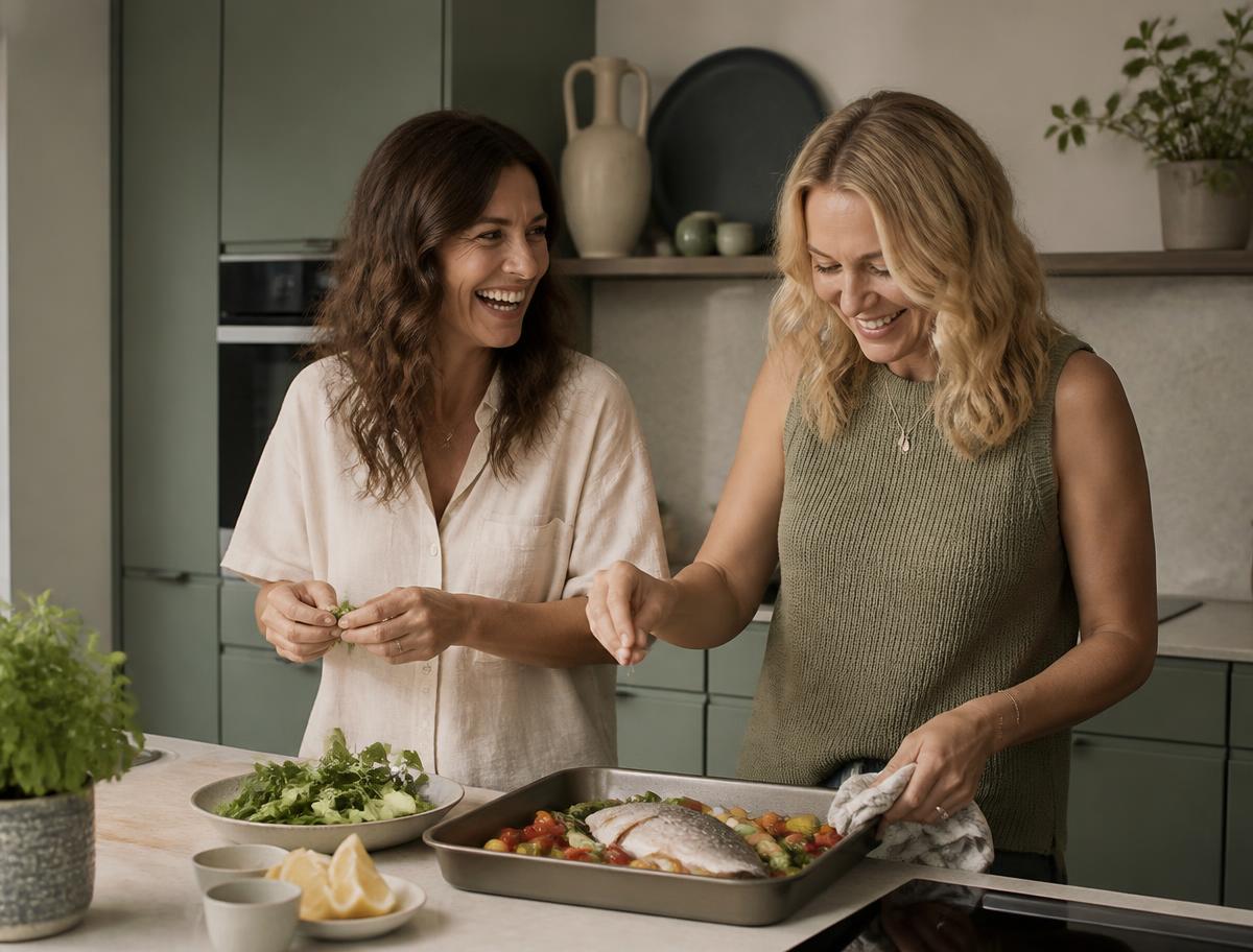 Zwei Freundinnen kochen gemeinsam ein einfaches Gericht