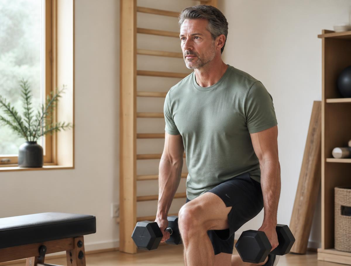 Mann um die 50 beim Krafttraining zu Hause
